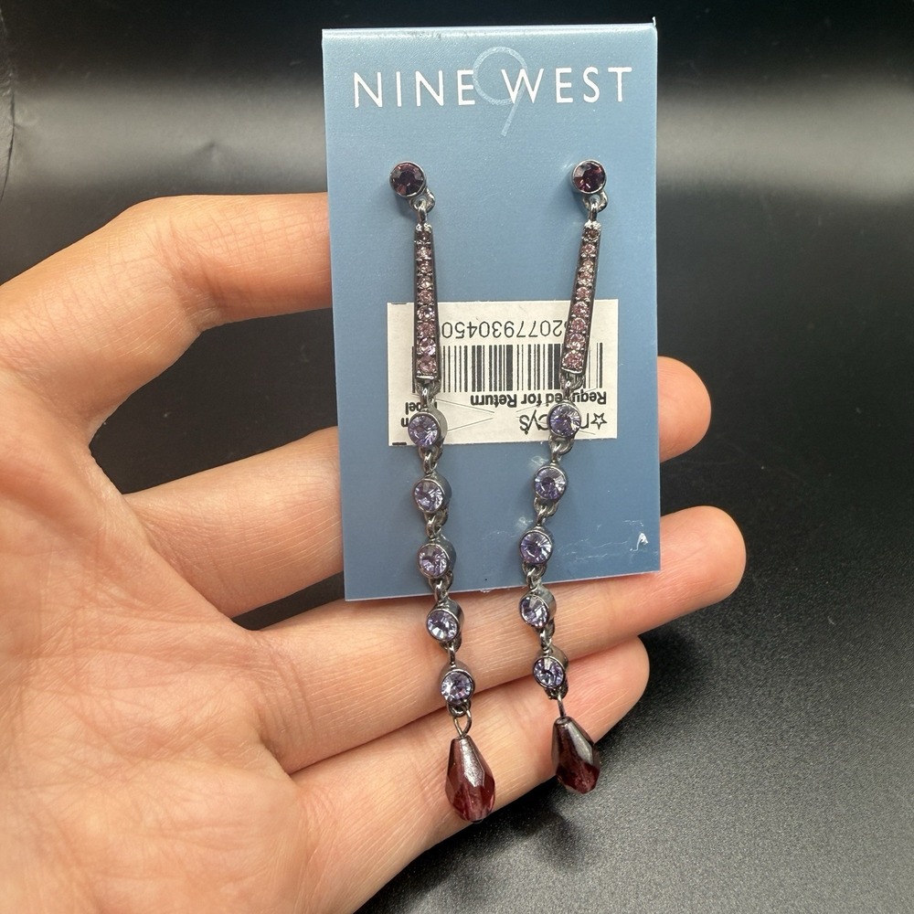 Nine West Pink & Purple‎ Crystal Rhinestone Dangle Duster Earrings 3" Glam Y2K